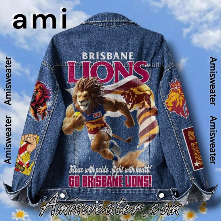 Brisbane Lions Roar With Pride Fight With Heart Denim Jacket-b